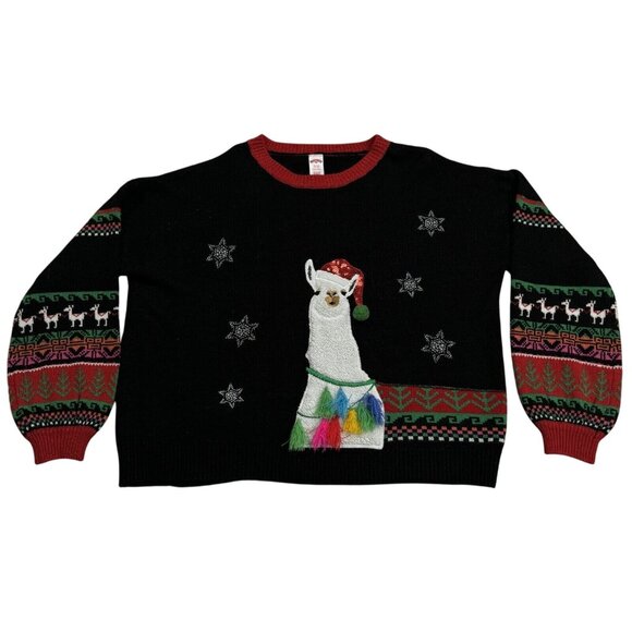 Holiday Time Womens Black Llama Christmas Sweater Hat Tassel Embellished Size XL - Picture 3 of 15